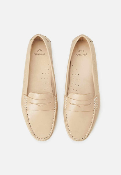 Beige Calf Leather Penny Loafers – Women’s Classic Driving Shoes