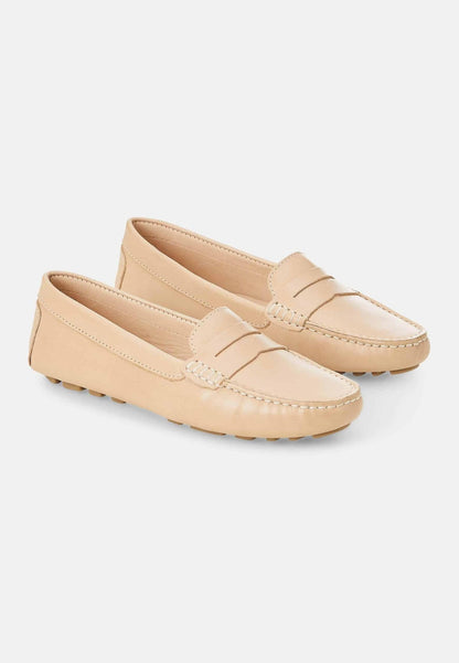 Beige Calf Leather Penny Loafers – Women’s Classic Driving Shoes