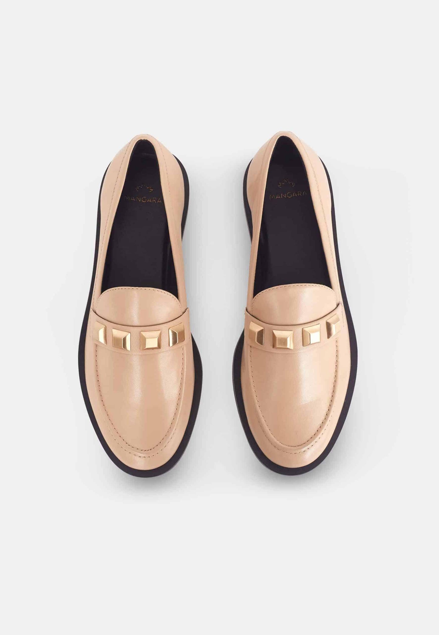 Beige Calf Leather Loafers – Elegant Women’s Flat Shoes with Metal Stud Detail