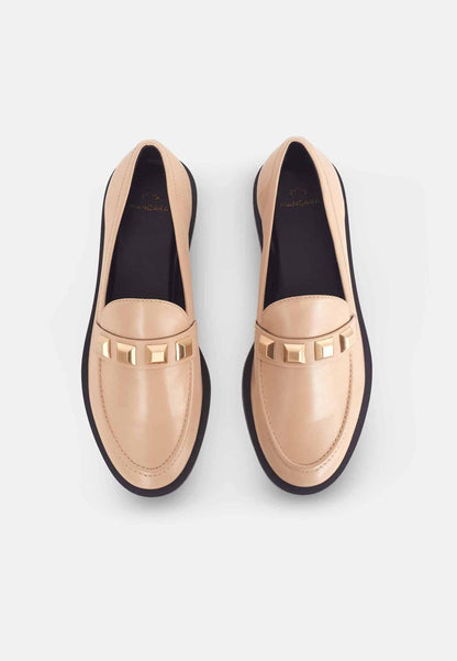 Beige Calf Leather Loafers – Elegant Women’s Flat Shoes with Metal Stud Detail